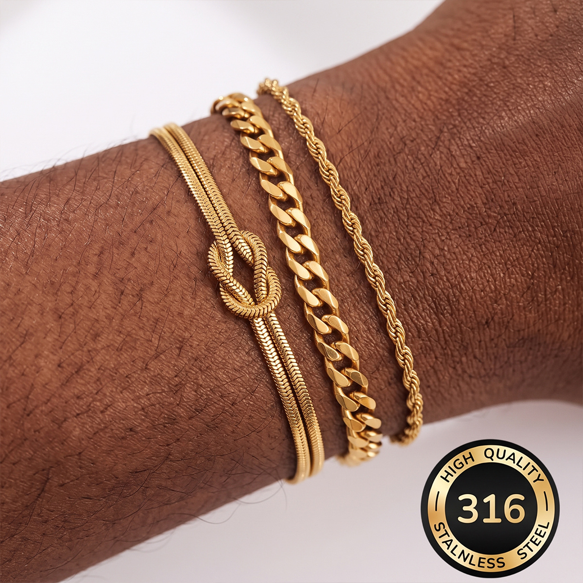 3pc Elegant Waterproof Stainless Steel Cuban Chain Bracelet Set